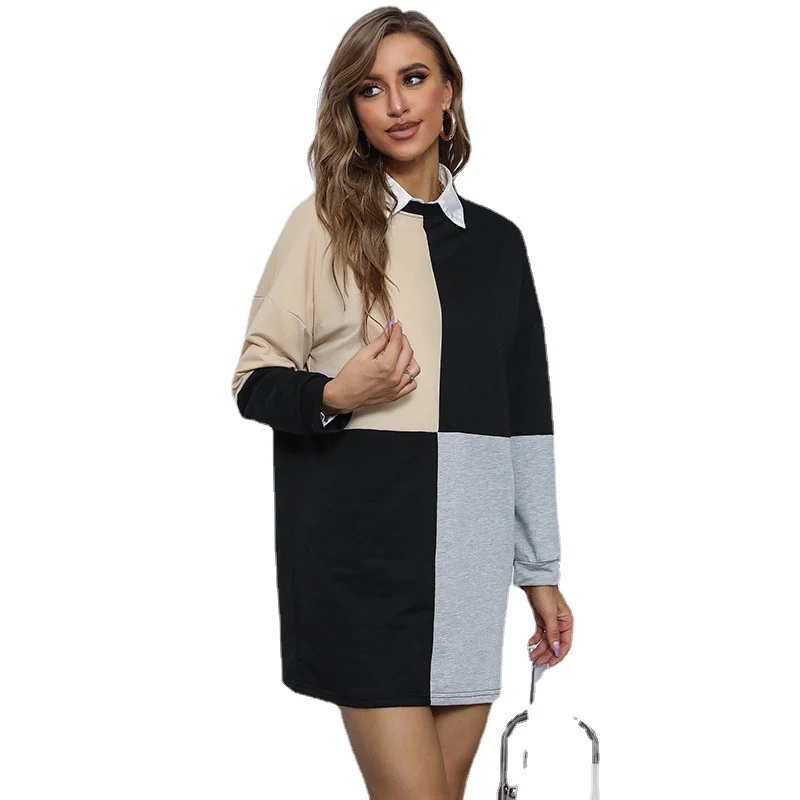 Damen Colorblock-Sweatkleid mit Hemdblusenkragen und lockerer Mini-Silhouette Nord Taschen