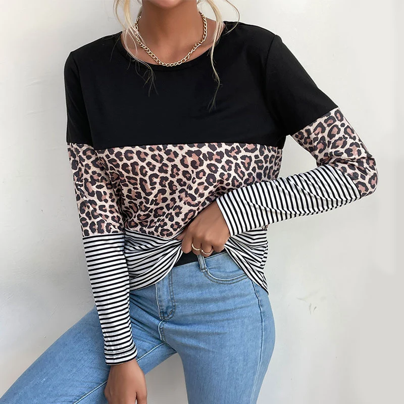 Damen Colorblock-Langarmtop mit Leoparden- und Streifenmix Nord Taschen