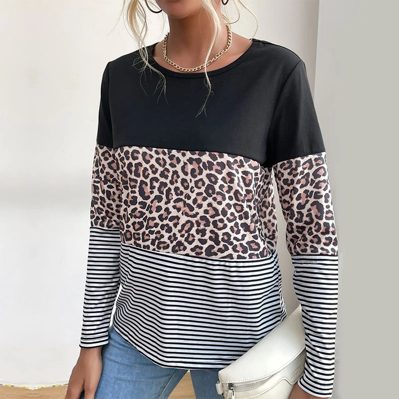 Damen Colorblock-Langarmtop mit Leoparden- und Streifenmix Nord Taschen