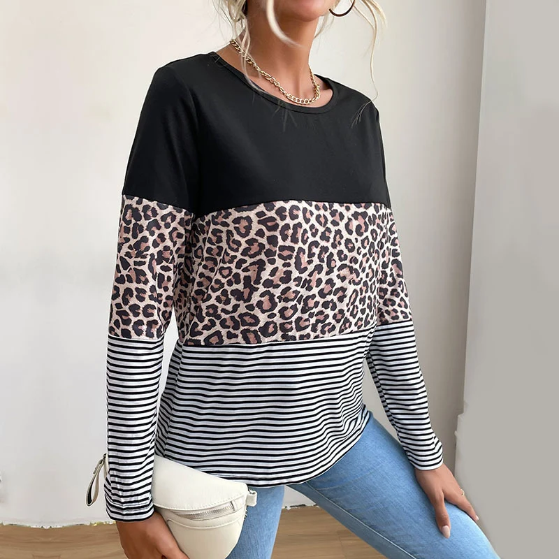 Damen Colorblock-Langarmtop mit Leoparden- und Streifenmix Nord Taschen