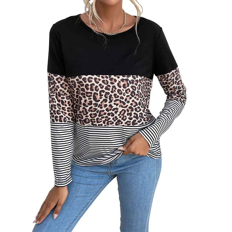 Damen Colorblock-Langarmtop mit Leoparden- und Streifenmix Nord Taschen
