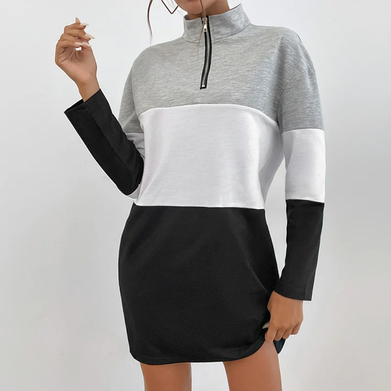 Damen Colorblock-Kurzes Sweatkleid mit Stehkragen, Teilungsnähten und halbem Reißverschluss Nord Taschen