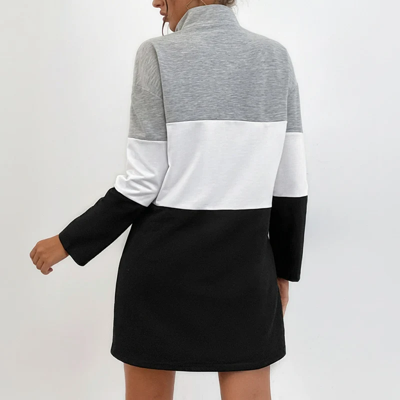Damen Colorblock-Kurzes Sweatkleid mit Stehkragen, Teilungsnähten und halbem Reißverschluss Nord Taschen