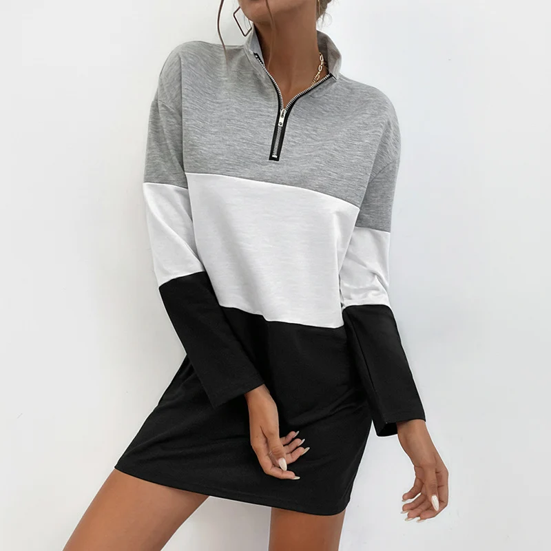 Damen Colorblock-Kurzes Sweatkleid mit Stehkragen, Teilungsnähten und halbem Reißverschluss Nord Taschen