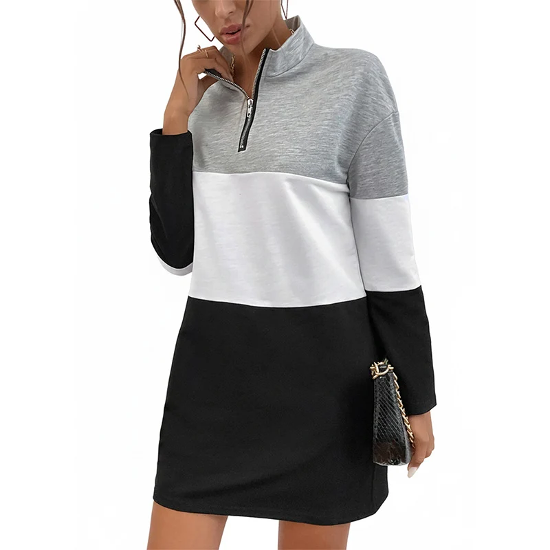 Damen Colorblock-Kurzes Sweatkleid mit Stehkragen, Teilungsnähten und halbem Reißverschluss Nord Taschen