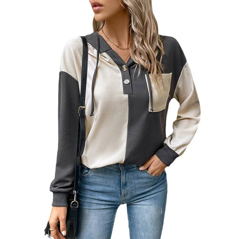 Damen Colorblock-Hoodie mit Waffelstruktur, Knopfleiste und Brusttasche Nord Taschen