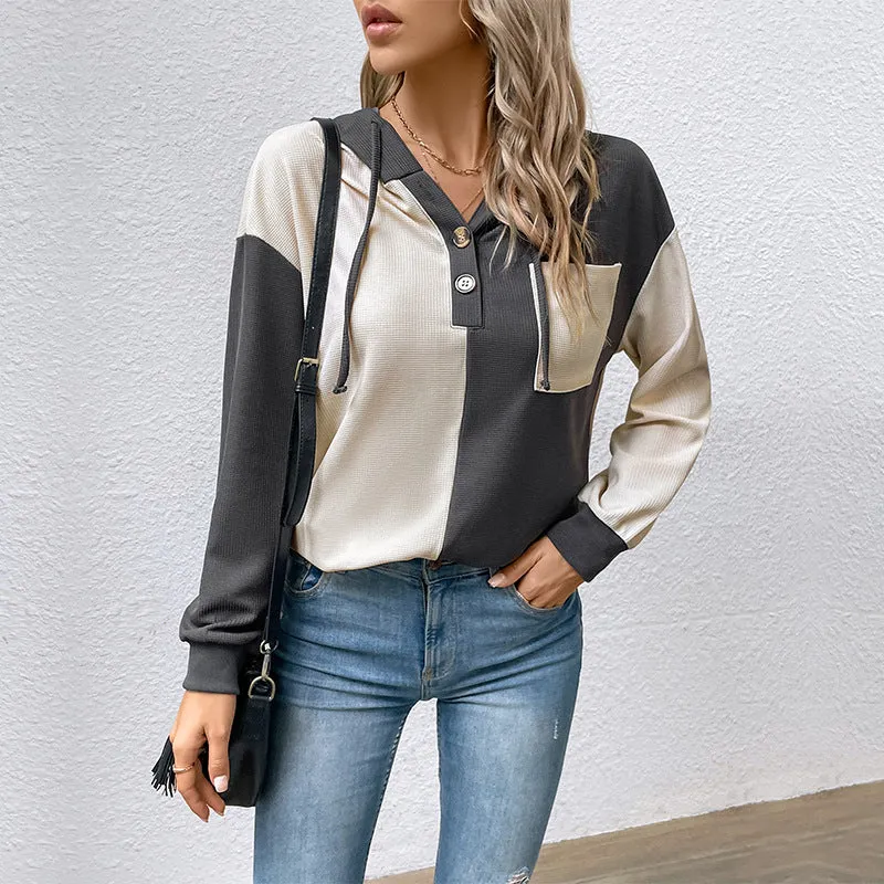 Damen Colorblock-Hoodie mit Waffelstruktur, Knopfleiste und Brusttasche Nord Taschen