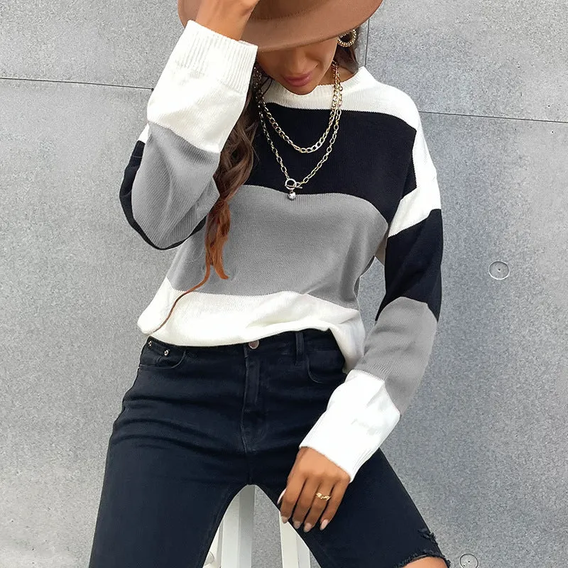 Damen Colorblock-Feinstrickpullover mit überschnittener Schulter und gerippten Bündchen Nord Taschen