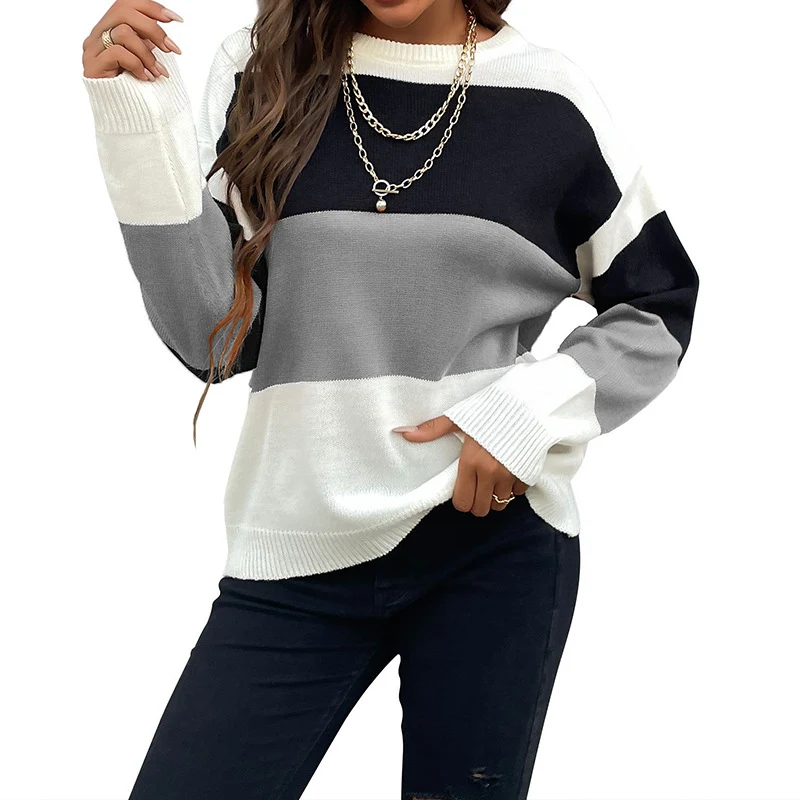 Damen Colorblock-Feinstrickpullover mit überschnittener Schulter und gerippten Bündchen Nord Taschen