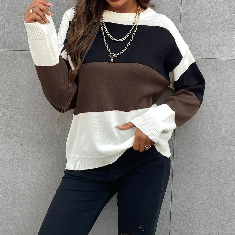 Damen Colorblock-Feinstrickpullover mit überschnittener Schulter und gerippten Bündchen Nord Taschen