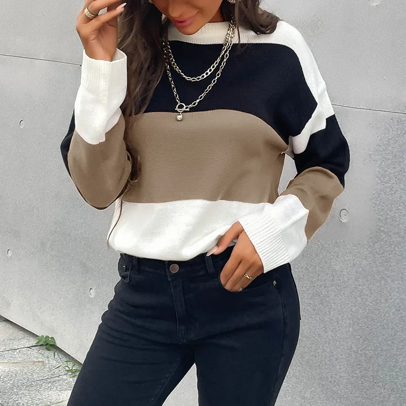 Damen Colorblock-Feinstrickpullover mit überschnittener Schulter und gerippten Bündchen Nord Taschen