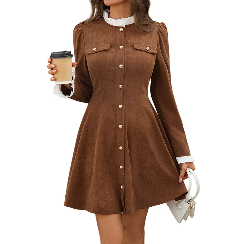 Damen Feines Cord-Skaterkleid mit Perlenknopfleiste, taillierter Silhouette & Rüschenblusen‑Einsatz Nord Taschen