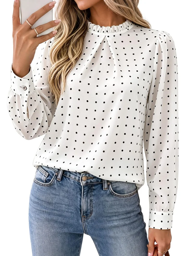 Damen Gepunktete Chiffon-Bluse mit Rüschkragen und Manschetten Nord Taschen