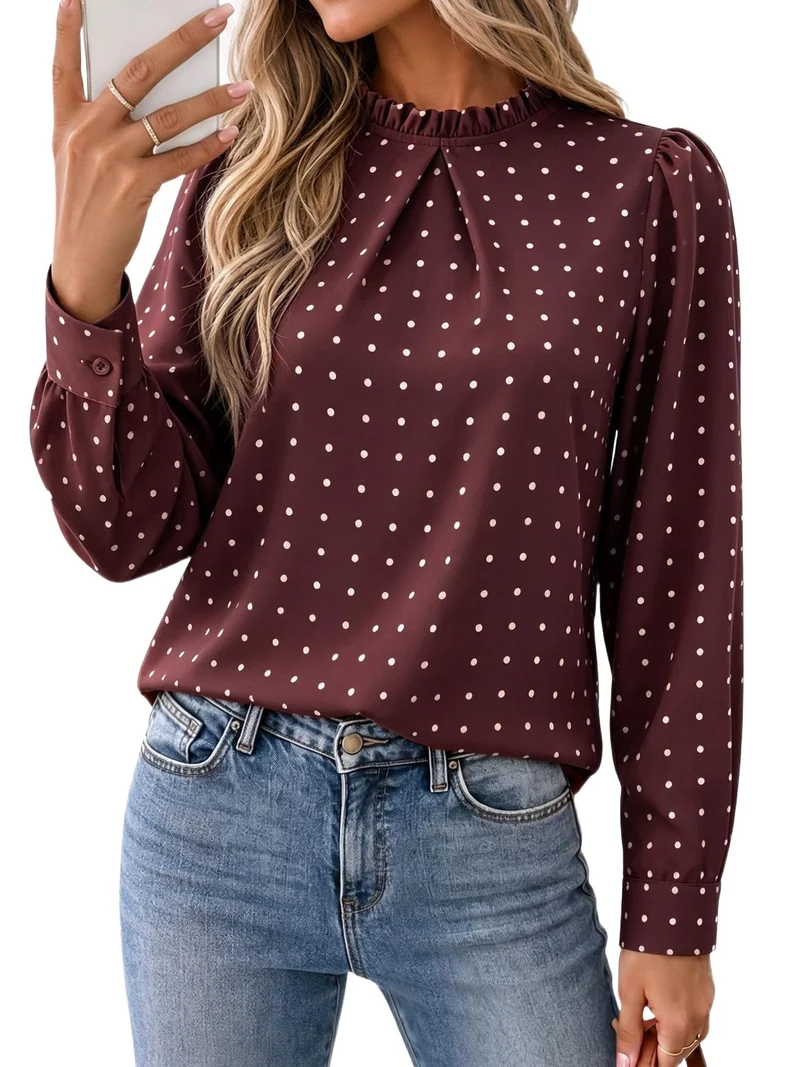 Damen Gepunktete Chiffon-Bluse mit Rüschkragen und Manschetten Nord Taschen