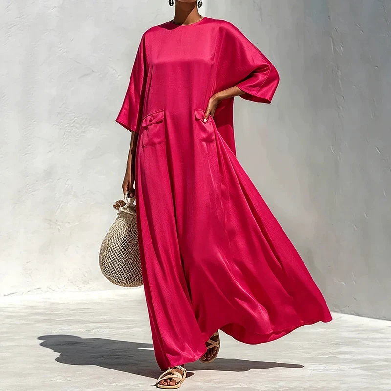 Damen Fließendes Maxikleid mit Oversize‑Kaftan­schnitt und aufgesetzten Pattentaschen Nord Taschen