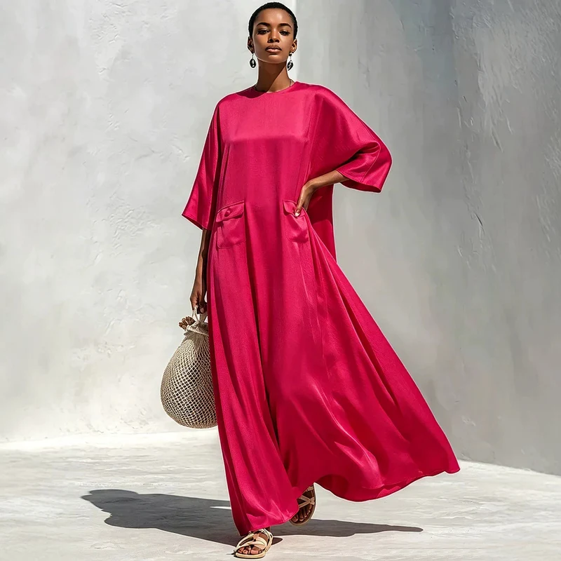 Damen Fließendes Maxikleid mit Oversize‑Kaftan­schnitt und aufgesetzten Pattentaschen Nord Taschen