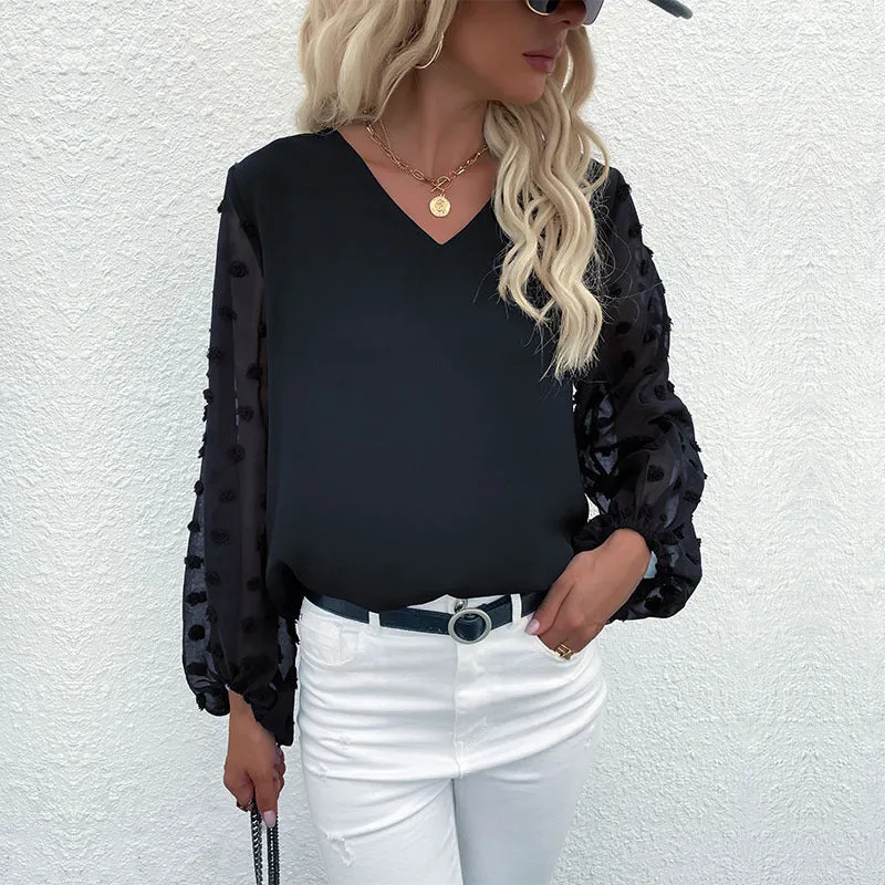 Damen Chiffon-Bluse mit transparenten Puffärmeln und 3D‑Pompom‑Details Nord Taschen