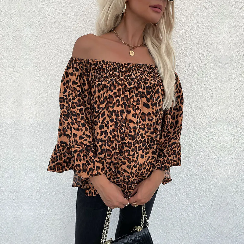 Damen Carmen-Bluse mit Smok‑Bündchen, Carmen‑Ausschnitt und Leopardenprint Nord Taschen