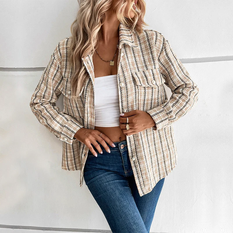 Damen Bouclé-Tweed Overshirt mit Brusttaschen und durchgehender Knopfleiste Nord Taschen