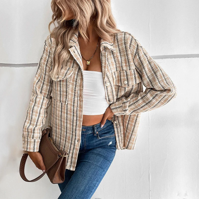 Damen Bouclé-Tweed Overshirt mit Brusttaschen und durchgehender Knopfleiste Nord Taschen