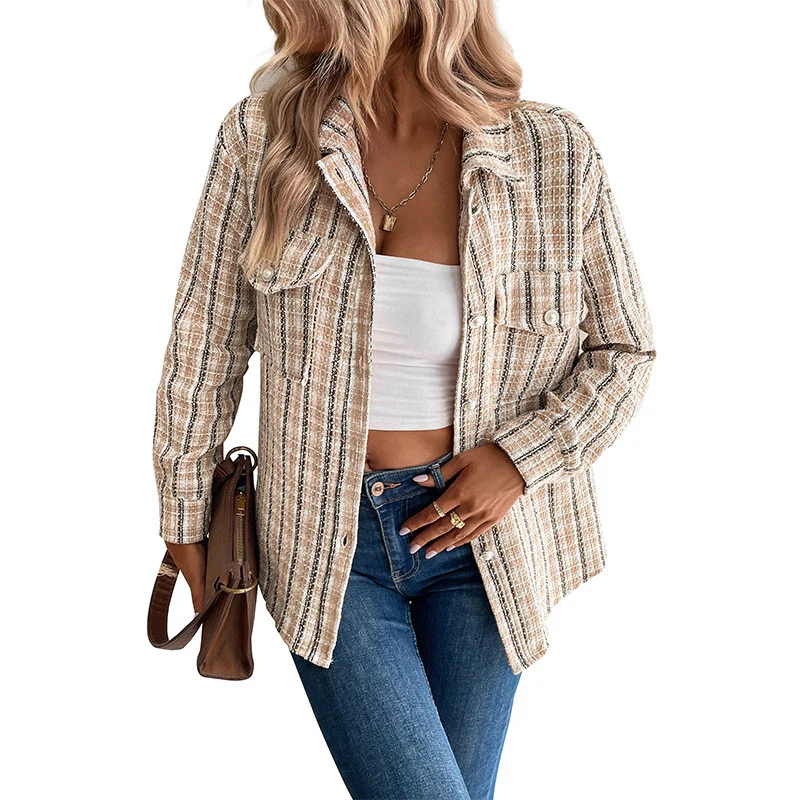 Damen Bouclé-Tweed Overshirt mit Brusttaschen und durchgehender Knopfleiste Nord Taschen
