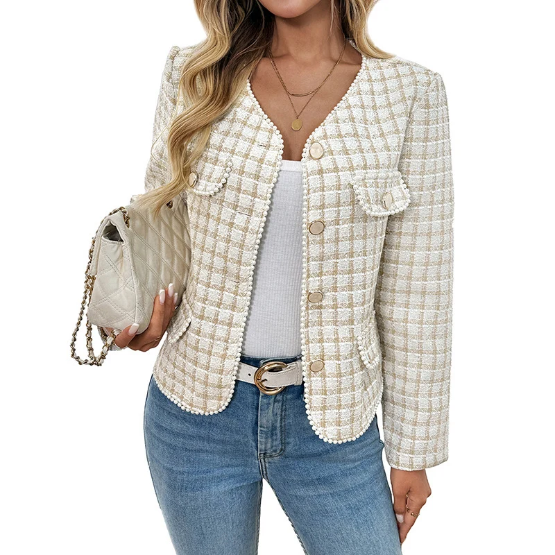 Damen Bouclé-Tweed Kurzblazer mit Perlendetail, Kastenform & aufgesetzten Taschen Nord Taschen