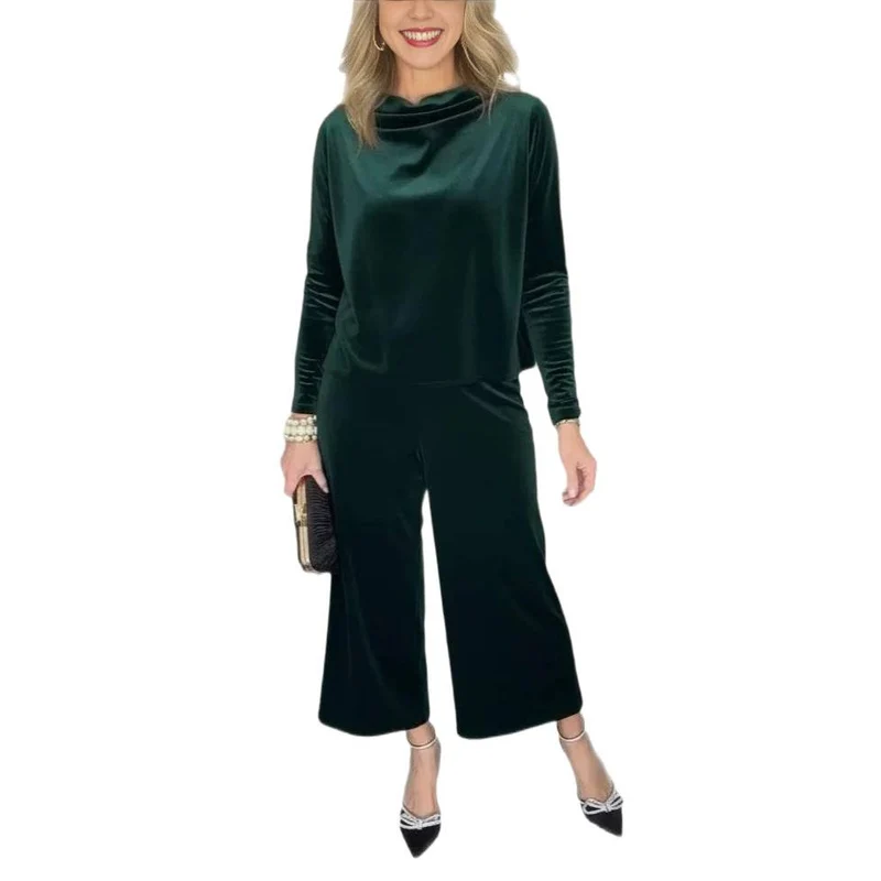Damen Elegantes Samt-Zweiteiler mit Wasserfallkragen und weiter Culotte-Hose Nord Taschen