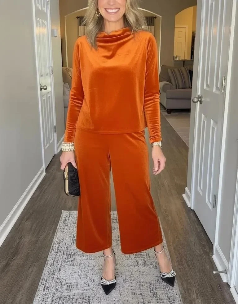 Damen Elegantes Samt-Zweiteiler mit Wasserfallkragen und weiter Culotte-Hose Nord Taschen