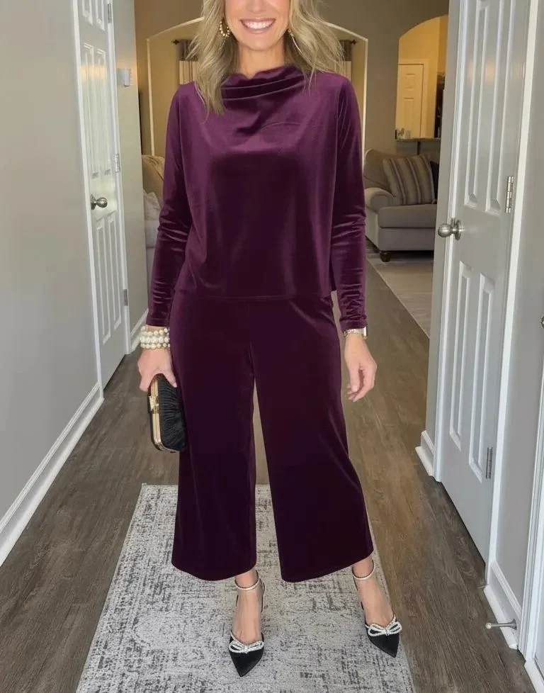 Damen Elegantes Samt-Zweiteiler mit Wasserfallkragen und weiter Culotte-Hose Nord Taschen