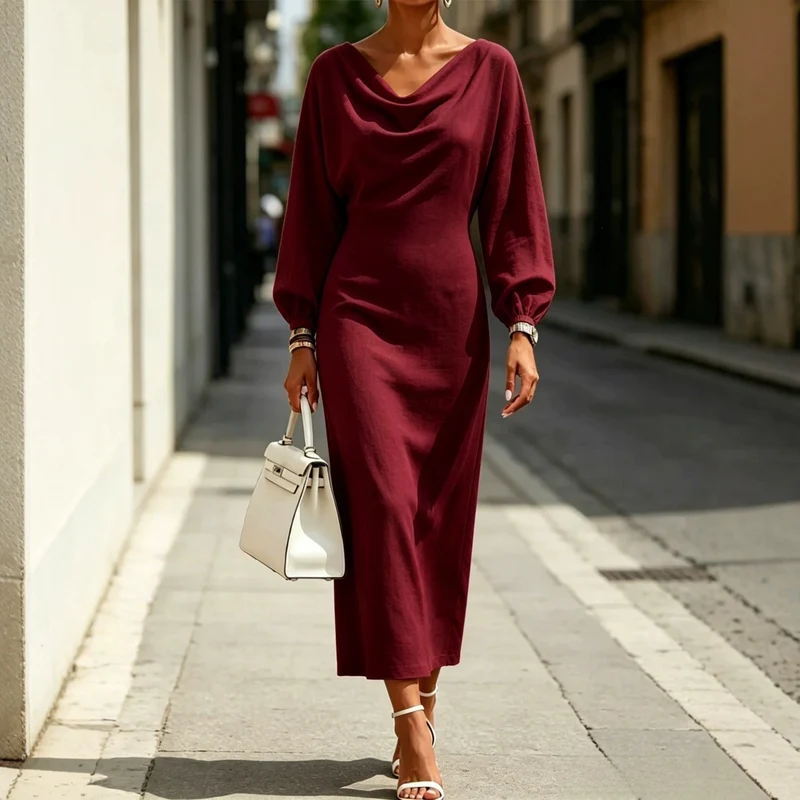 Damen Elegantes Midikleid mit drapiertem Ausschnitt, taillierter Silhouette und Ballonärmeln Nord Taschen