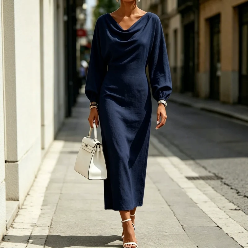 Damen Elegantes Midikleid mit drapiertem Ausschnitt, taillierter Silhouette und Ballonärmeln Nord Taschen