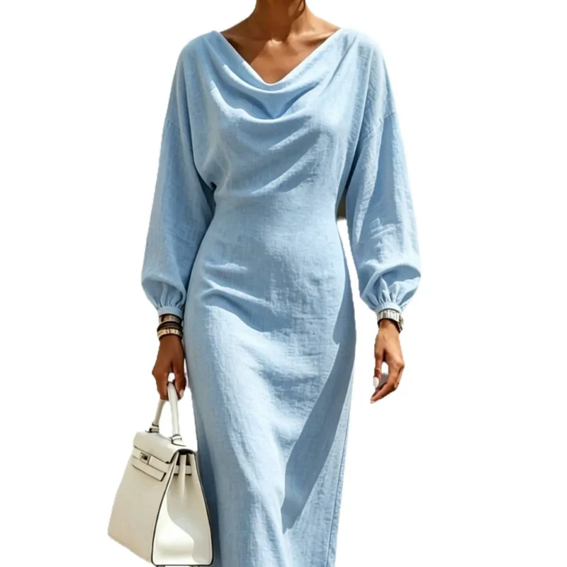 Damen Elegantes Midikleid mit drapiertem Ausschnitt, taillierter Silhouette und Ballonärmeln Nord Taschen