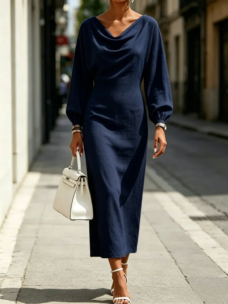 Damen Elegantes Midikleid mit drapiertem Ausschnitt, taillierter Silhouette und Ballonärmeln Nord Taschen