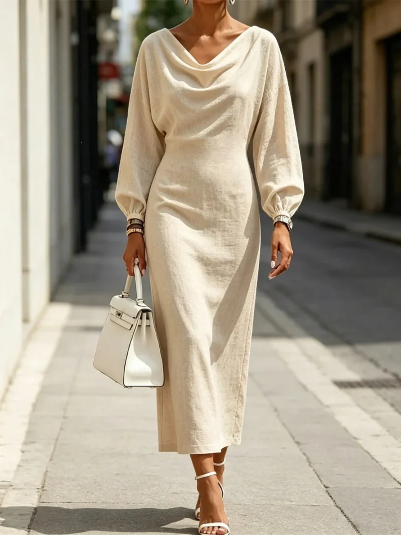 Damen Elegantes Midikleid mit drapiertem Ausschnitt, taillierter Silhouette und Ballonärmeln Nord Taschen
