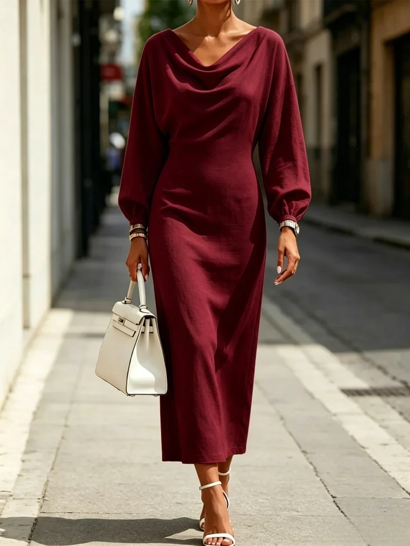 Damen Elegantes Midikleid mit drapiertem Ausschnitt, taillierter Silhouette und Ballonärmeln Nord Taschen