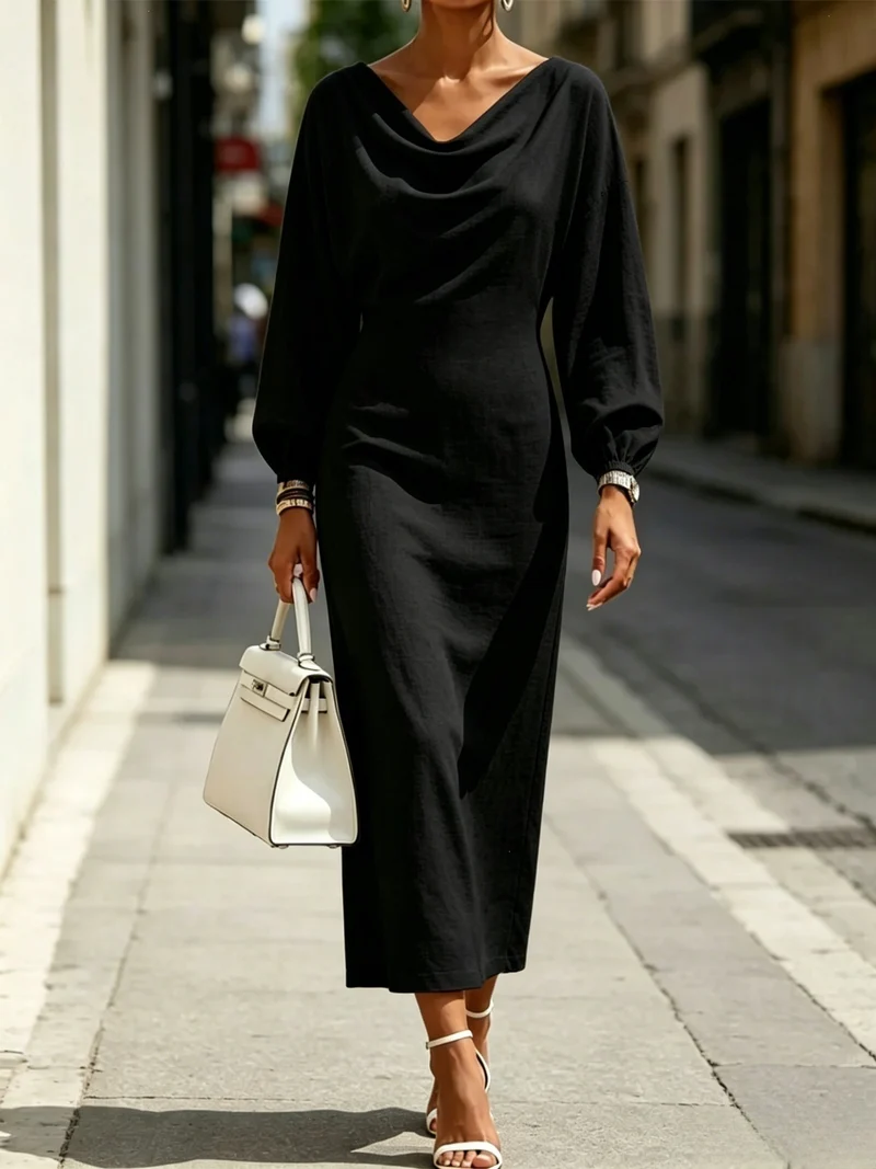 Damen Elegantes Midikleid mit drapiertem Ausschnitt, taillierter Silhouette und Ballonärmeln Nord Taschen