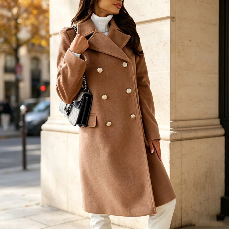 Damen Eleganter zweireihiger Wollmixmantel mit taillierter Silhouette und dekorativen Metallknöpfen Nord Taschen