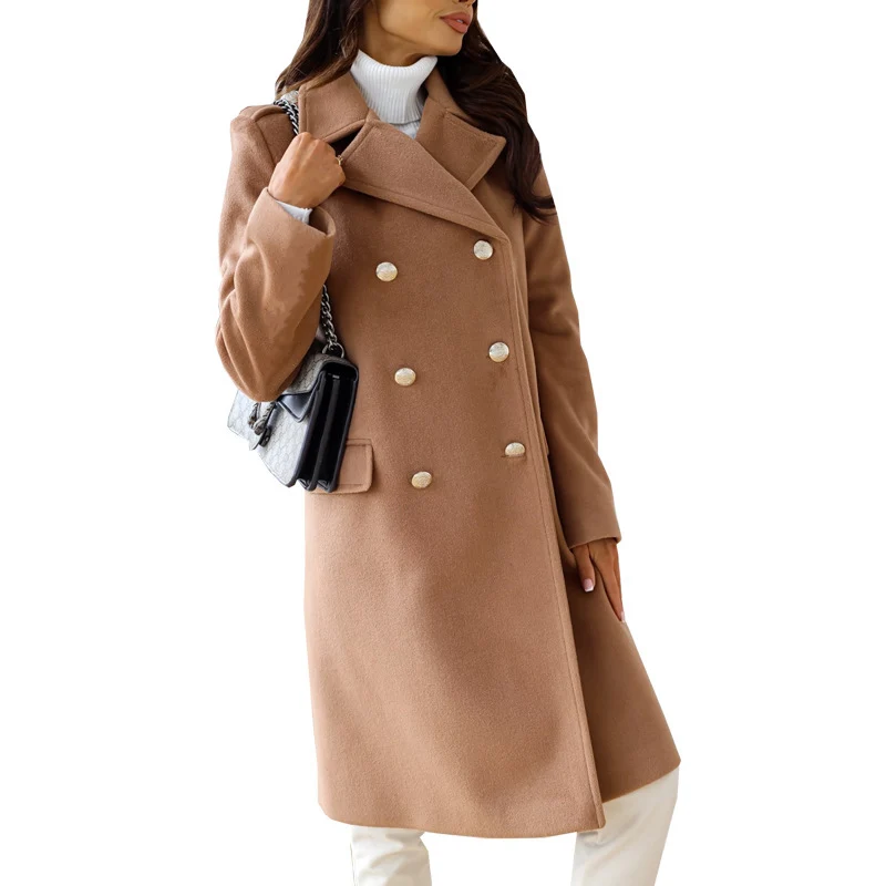 Damen Eleganter zweireihiger Wollmixmantel mit taillierter Silhouette und dekorativen Metallknöpfen Nord Taschen