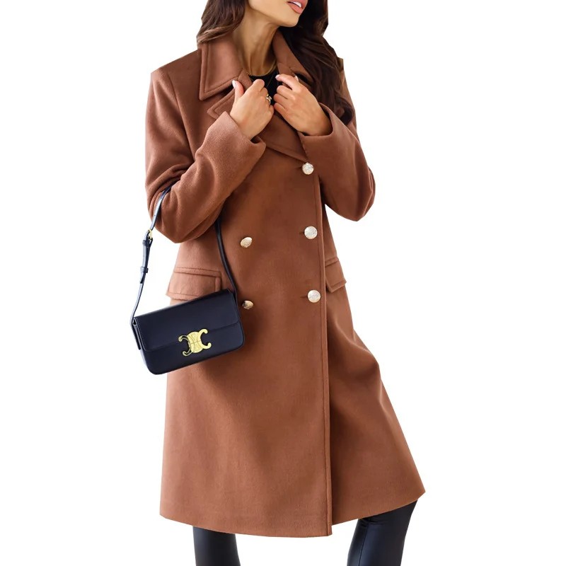 Damen Eleganter zweireihiger Wollmixmantel mit taillierter Silhouette und dekorativen Metallknöpfen Nord Taschen
