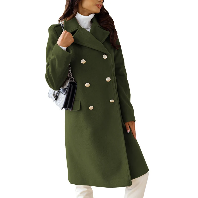 Damen Eleganter zweireihiger Wollmixmantel mit taillierter Silhouette und dekorativen Metallknöpfen Nord Taschen