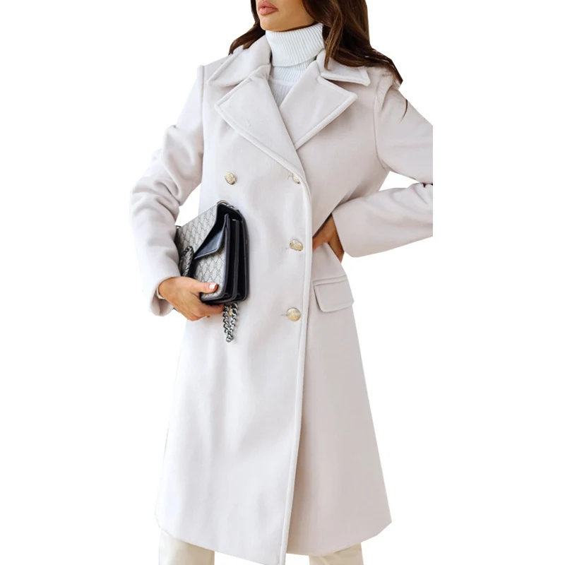 Damen Eleganter zweireihiger Wollmixmantel mit taillierter Silhouette und dekorativen Metallknöpfen Nord Taschen