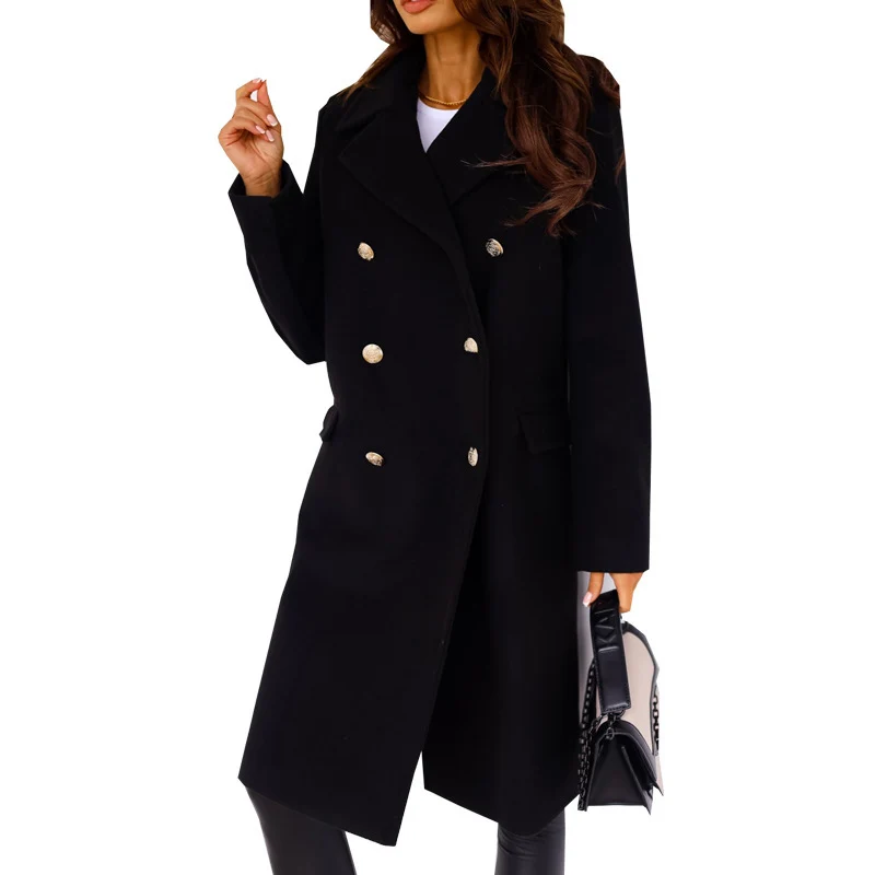 Damen Eleganter zweireihiger Wollmixmantel mit taillierter Silhouette und dekorativen Metallknöpfen Nord Taschen