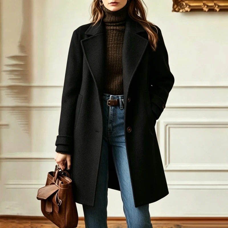 Damen Eleganter Wollmantel mit tailliertem Schnitt und Reverskragen Nord Taschen