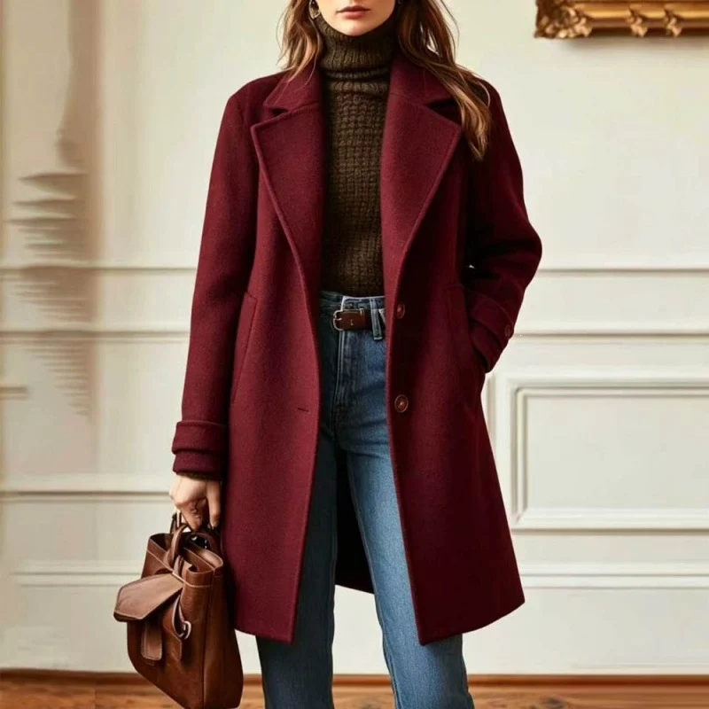 Damen Eleganter Wollmantel mit tailliertem Schnitt und Reverskragen Nord Taschen
