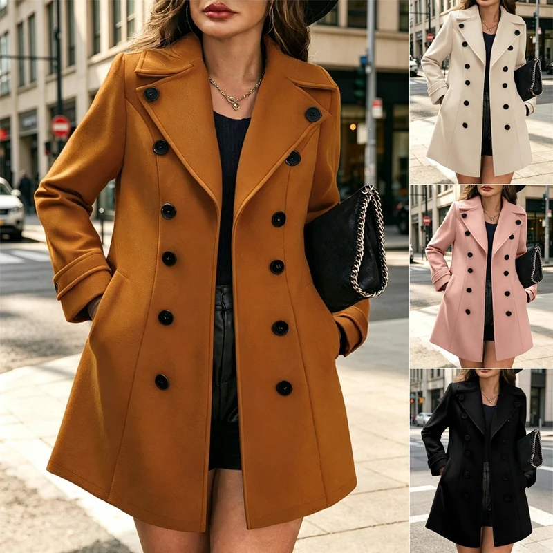Damen Eleganter taillierter Trenchcoat mit Doppelreihe und Reverskragen Nord Taschen