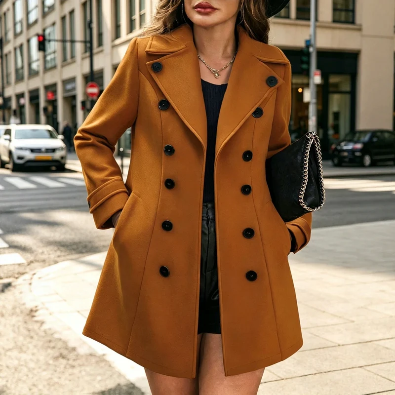 Damen Eleganter taillierter Trenchcoat mit Doppelreihe und Reverskragen Nord Taschen