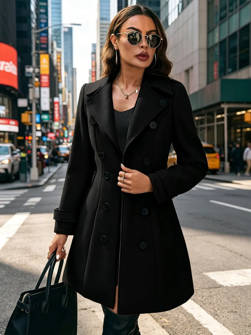 Damen Eleganter taillierter Trenchcoat mit Doppelreihe und Reverskragen Nord Taschen