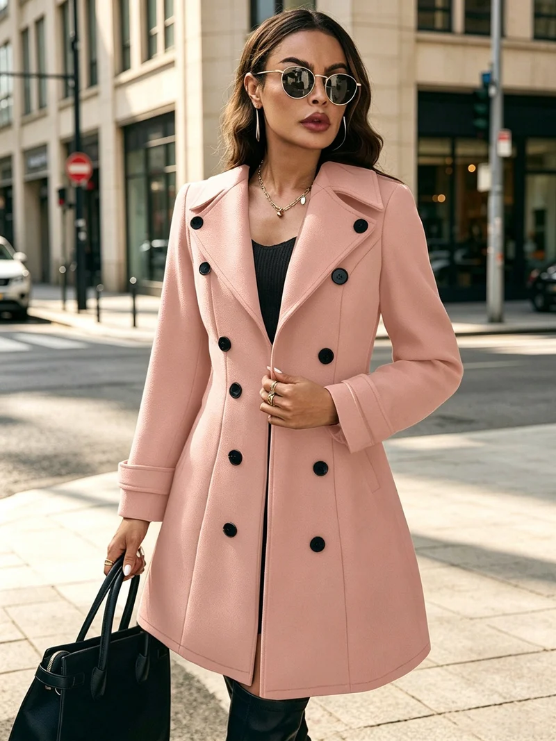 Damen Eleganter taillierter Trenchcoat mit Doppelreihe und Reverskragen Nord Taschen