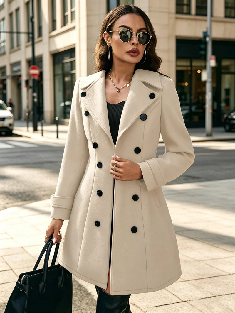 Damen Eleganter taillierter Trenchcoat mit Doppelreihe und Reverskragen Nord Taschen