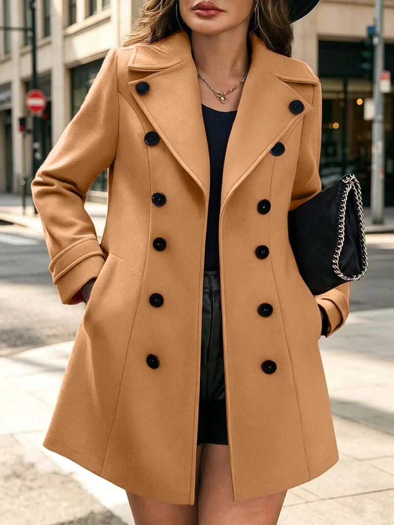 Damen Eleganter taillierter Trenchcoat mit Doppelreihe und Reverskragen Nord Taschen